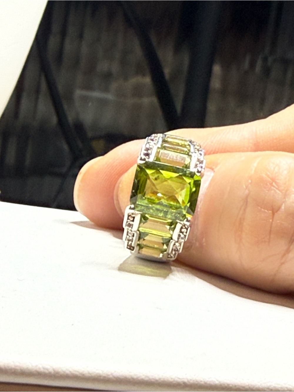 Sterling Silver Peridot-Cut Green Crystal Ring clear CZ Accents - Picture 5 of 11
